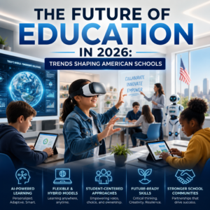 AI-powered classroom with students, hybrid learning tools, and future-ready skills in a modern American school