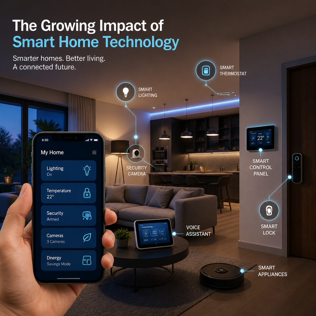Smart home technology controlling lights, security, climate, and appliances in a modern connected home.
