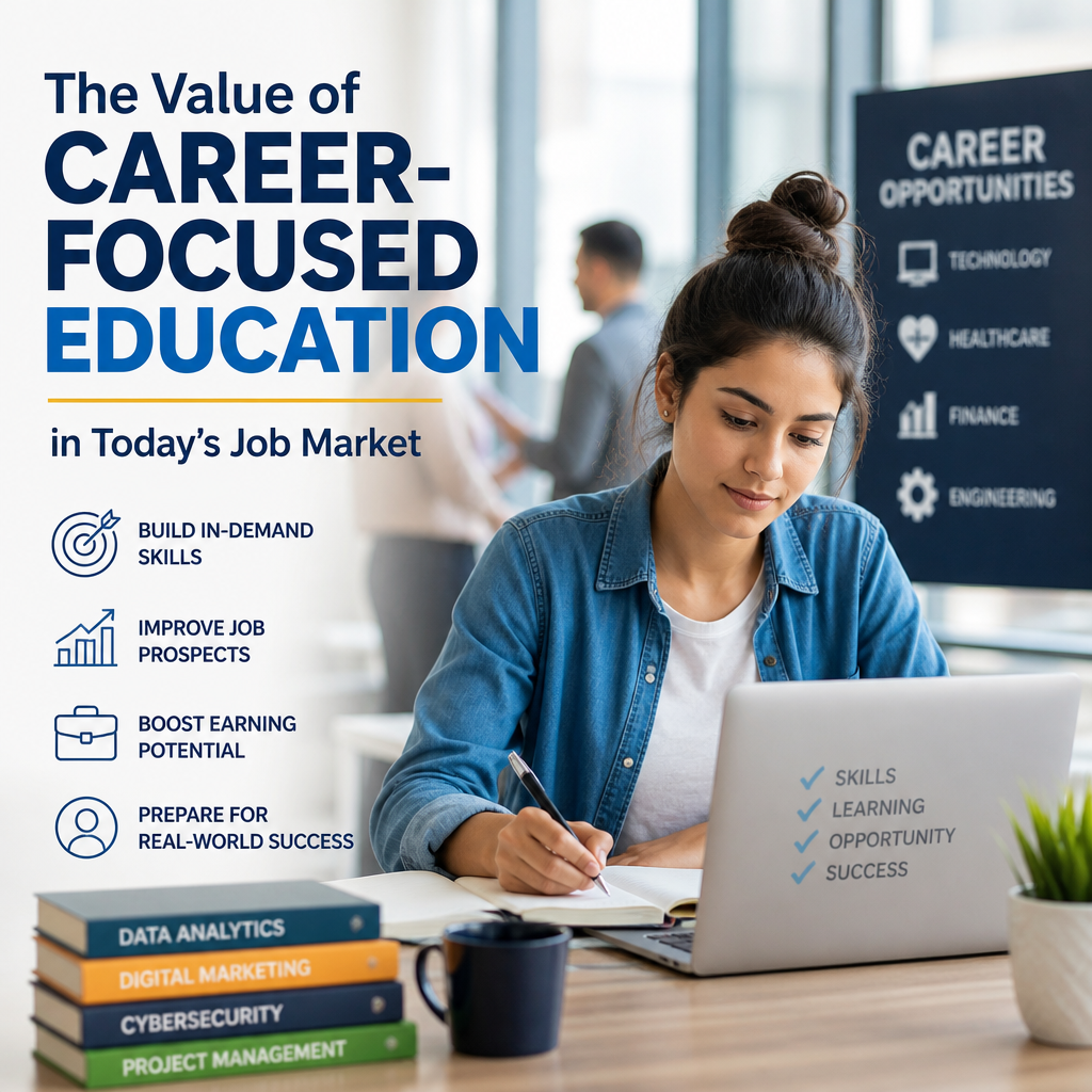 Young woman studying career-focused education topics to build job market skills and career opportunities