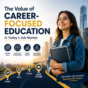 Young woman holding a laptop with text about the value of career-focused education in today’s job market