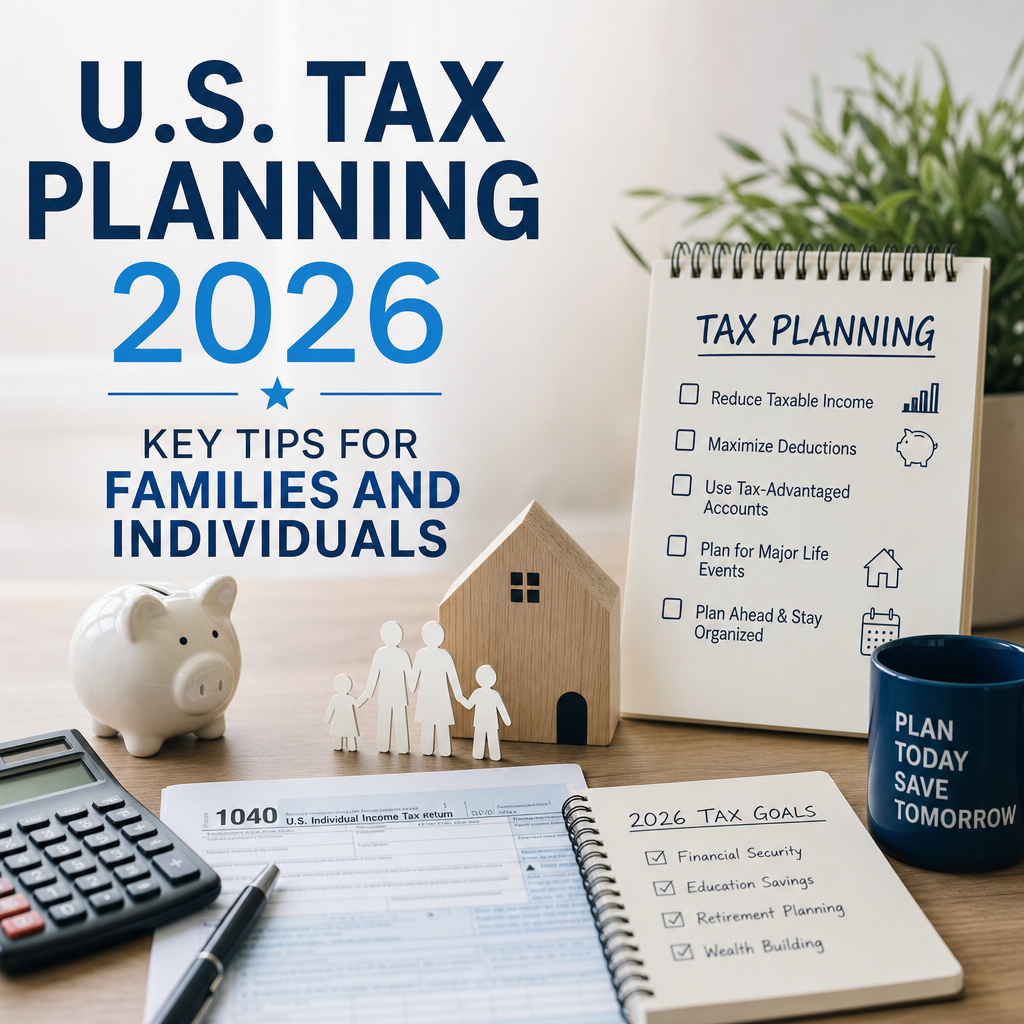 Family reviewing 2026 tax planning tools, charts, and financial goals for U.S. households