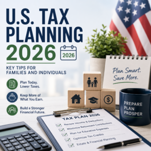 Tax planning 2026 graphic with family finances, calculator, charts, and U.S. flag elements