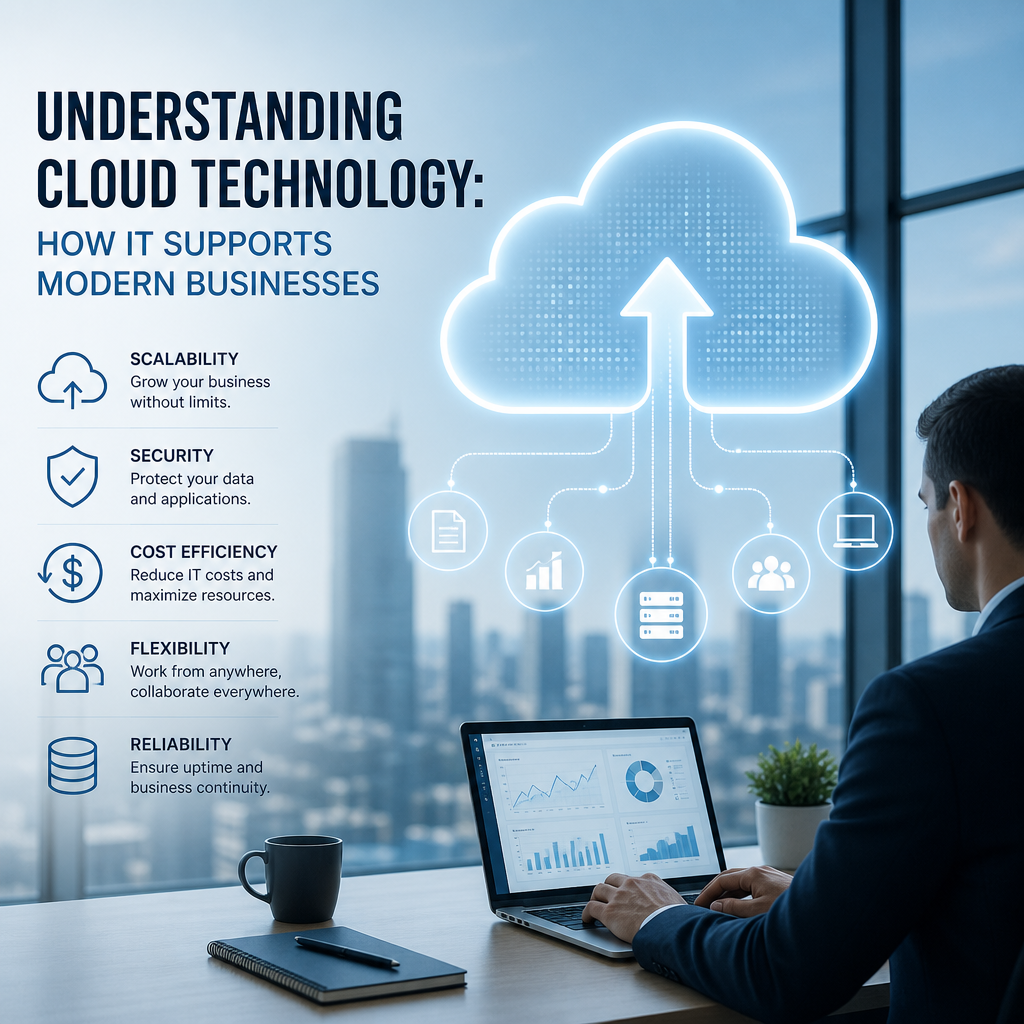 Infographic showing how cloud technology helps businesses with scalability, security, cost savings, flexibility, and reliabil