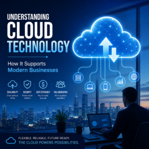 Illustration of cloud technology supporting business scalability, security, cost savings, and collaboration