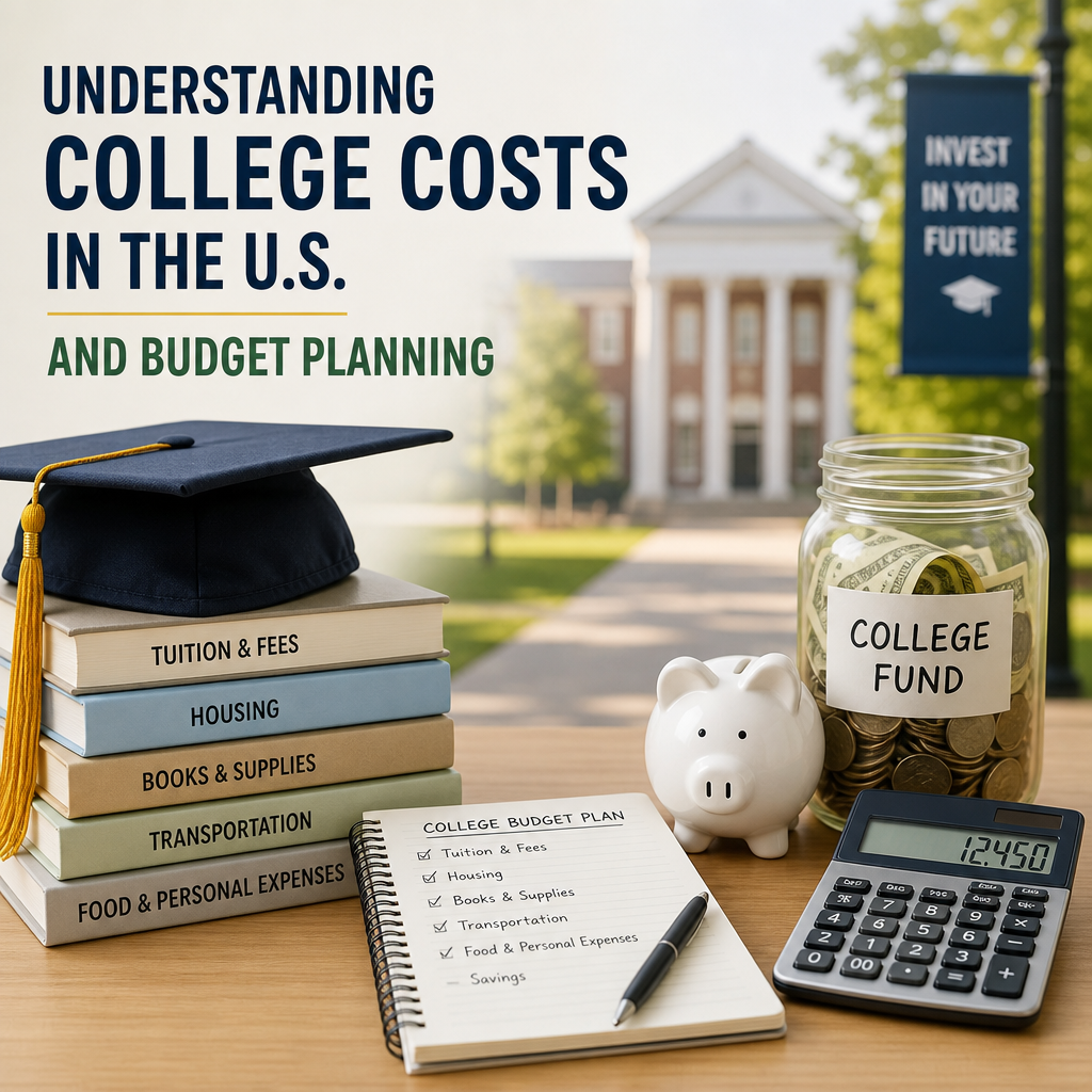 College budget planning with tuition, housing, supplies, and savings icons
