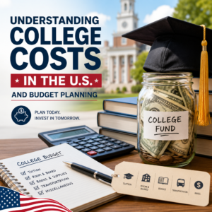 Infographic on college costs in the US with budget planning tips and financial tools
