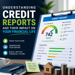 Infographic explaining credit reports, credit scores, and their impact on financial health and loan approvals