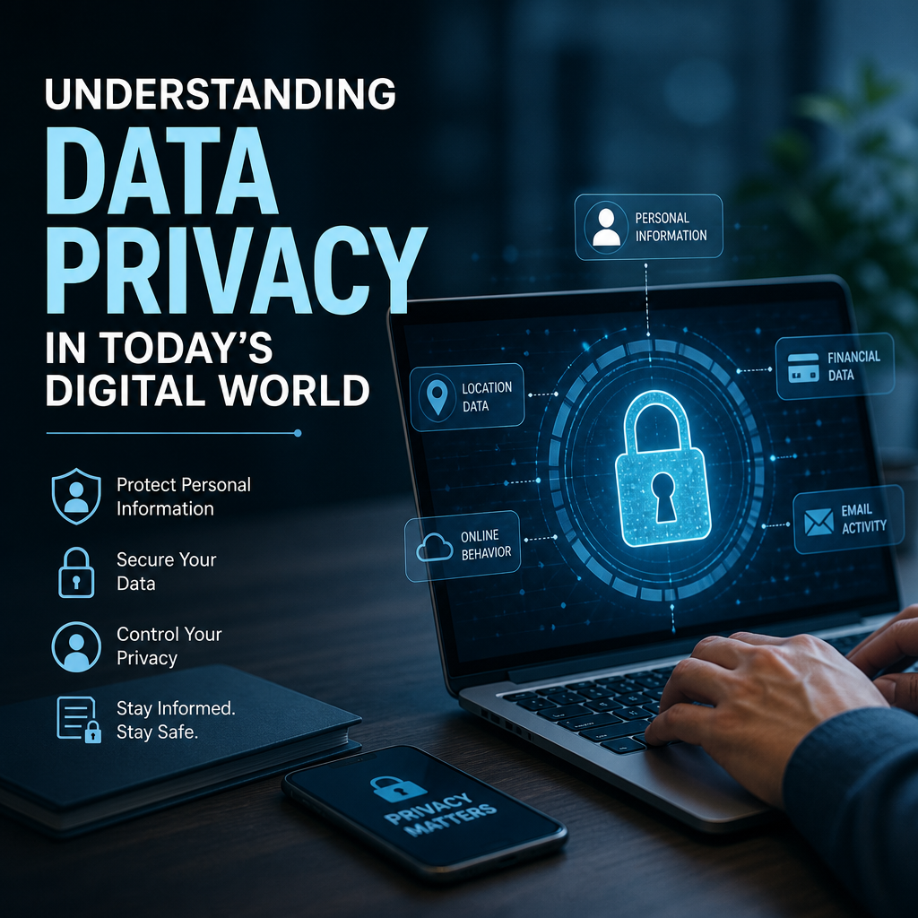 Laptop and smartphone with security icons illustrating data privacy protection online