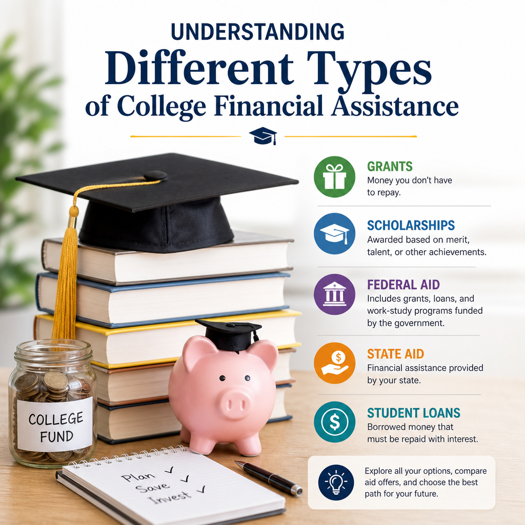 Infographic showing types of college financial assistance: grants, scholarships, federal aid, state aid, and student loans