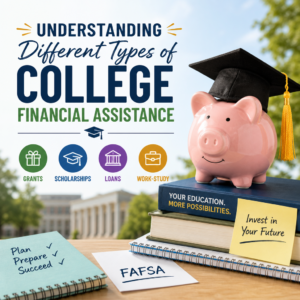 Infographic showing grants, scholarships, loans, and work-study as types of college financial assistance