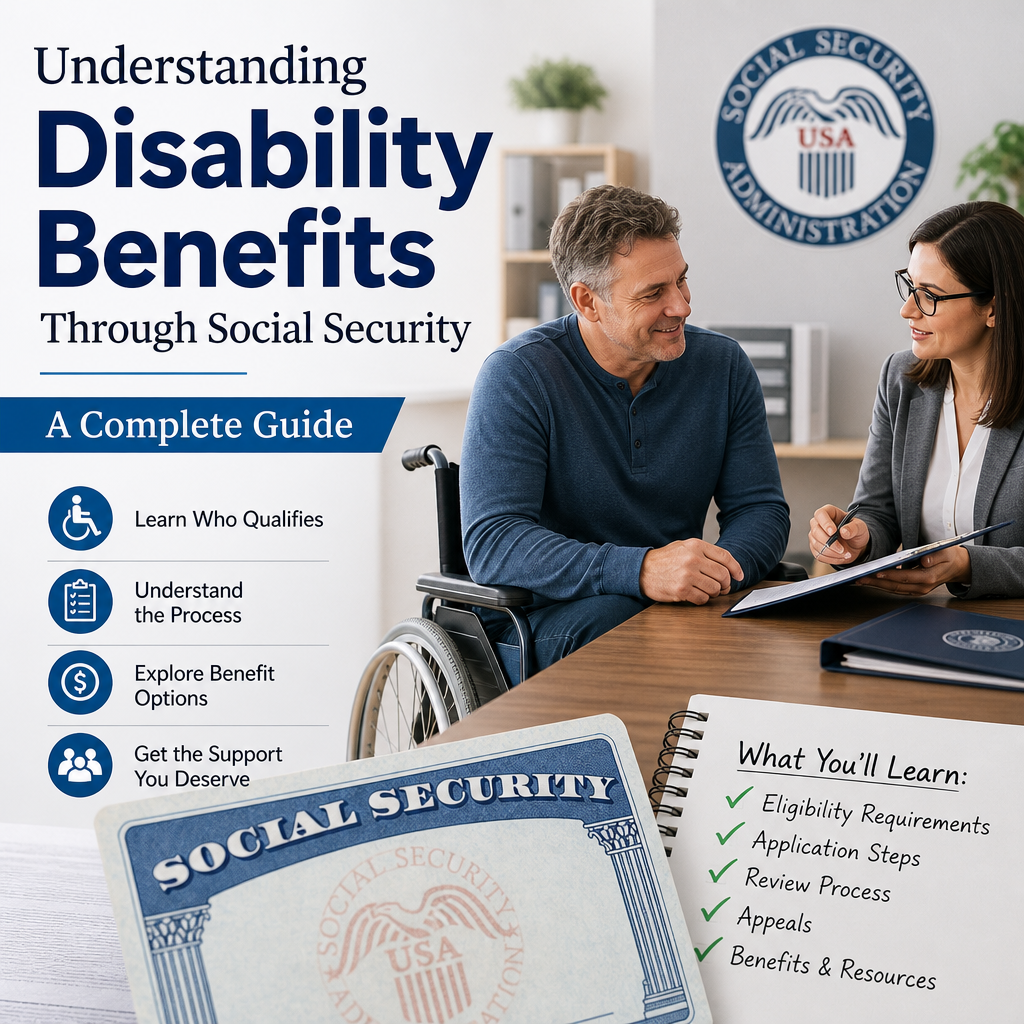 Illustration of Social Security disability benefits guide with eligibility, application, and support icons