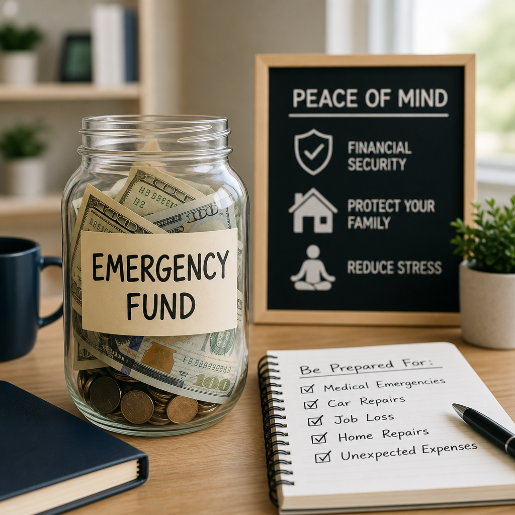 Jar labeled “Emergency Fund” with cash, coins, and a financial security checklist nearby.