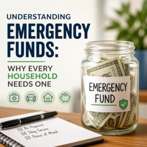 Jar labeled “Emergency Fund” filled with cash beside a notebook about household savings.