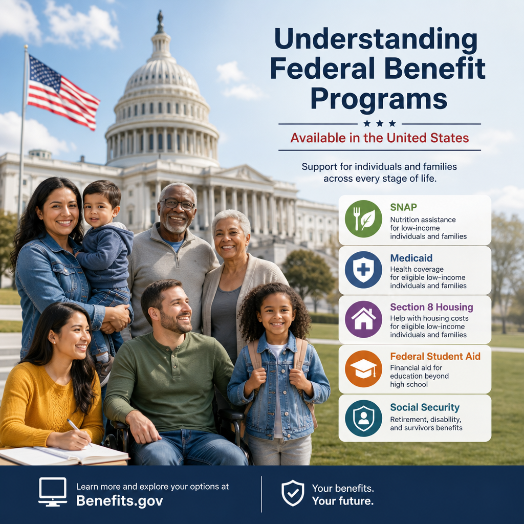 Illustration of U.S. federal benefit programs for food, health care, housing, and income support
