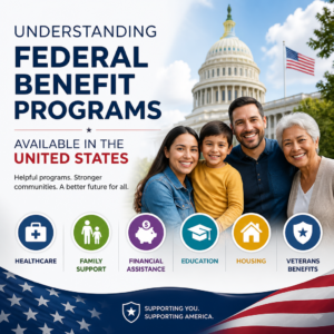 Smiling multigenerational family in front of the U.S. Capitol, illustrating federal benefit programs.