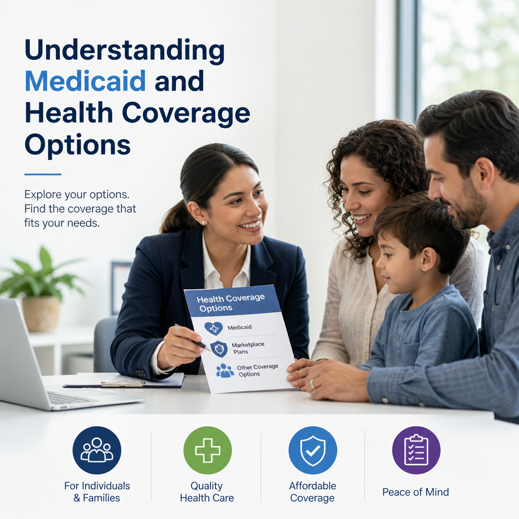 Family consulting a health coverage advisor about Medicaid and health insurance options