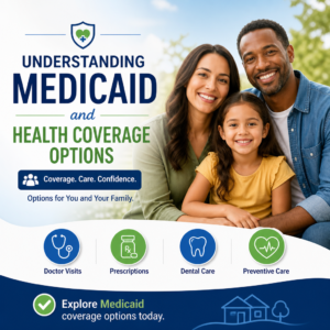 Happy family promoting Medicaid coverage options for doctor visits, prescriptions, dental and preventive care