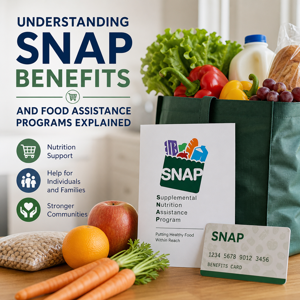 Illustration of fresh groceries and a SNAP card explaining food assistance benefits