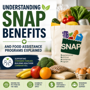Infographic about SNAP benefits and food assistance programs with fresh groceries