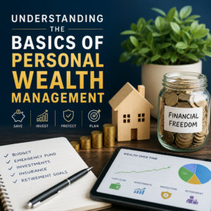 Illustration of personal wealth management basics: saving, investing, protecting, and planning for financial freedom
