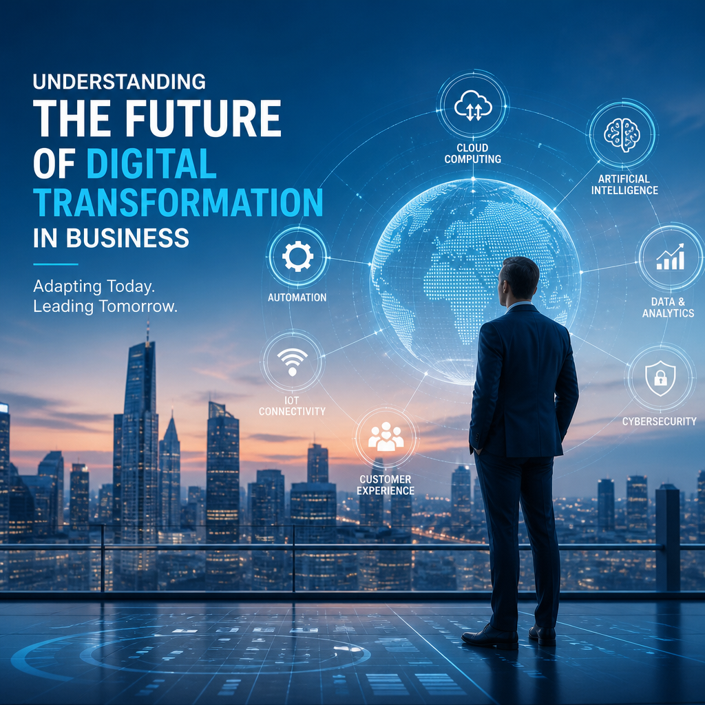 Business professional overlooking city skyline with cloud, AI, and cybersecurity digital transformation concepts