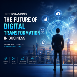 Business professional analyzing future digital transformation trends in a modern cityscape